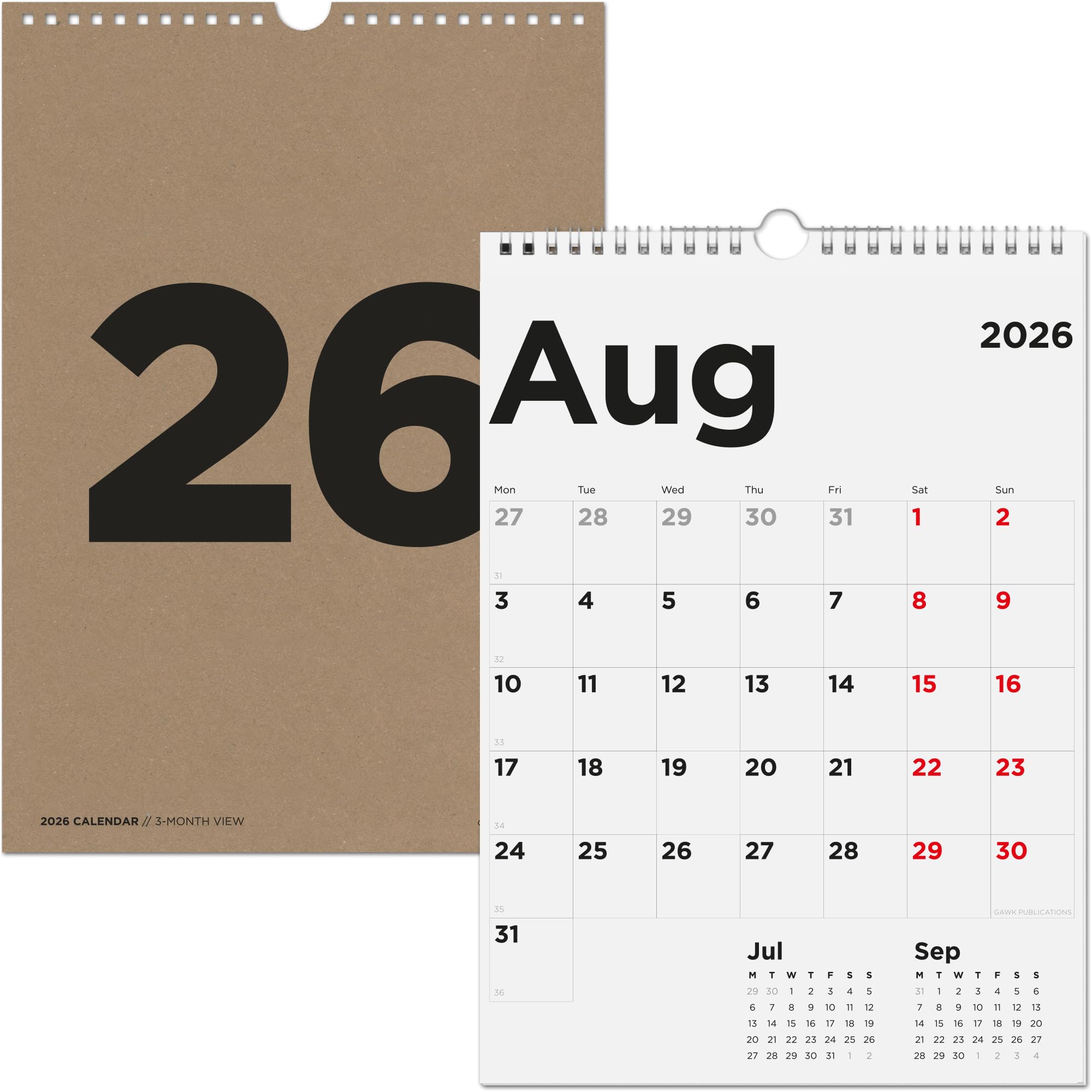 GAWK 2026 Wall Calendar - 3-Months To View - Jan to Dec 2026 - Office/Home/Family Year Planner - A4-Size (Brown Kraft Cover)