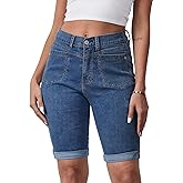 Metietila Women's Casual Straight Leg Long Denim Shorts Elastic Bermuda Jean Shorts