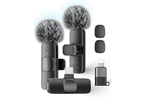 KUKIHO Wireless Lavalier Microphone for iPhone iPad and Android Phone, 2 Pack Lapel Mic Plug and Play Wireless Mic Noise Reduction Microphone for Video Recording Interview Podcast (Black)