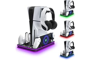 PS5 Slim Stand and Cooling Station with RGB LED Controller Charging Station for PlayStation 5, PS5 Controller Charger for Dua