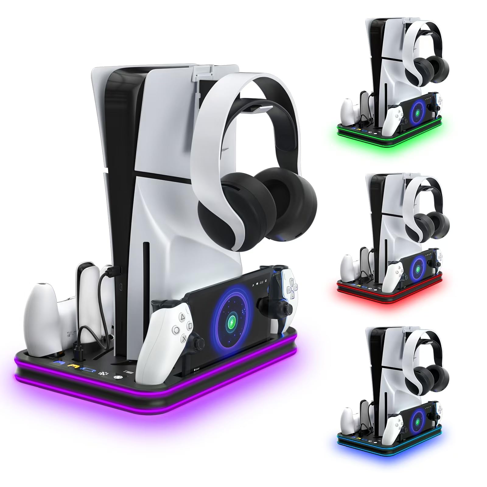 Cooling Station & RGB LED Stand for PS5/PS5 Slim - Dual Controller Charging Dock with Magnetic Charger for PlayStation 5 and PS Portal Remote – All-in-One Gaming Accessories for PS5 Slim Console
