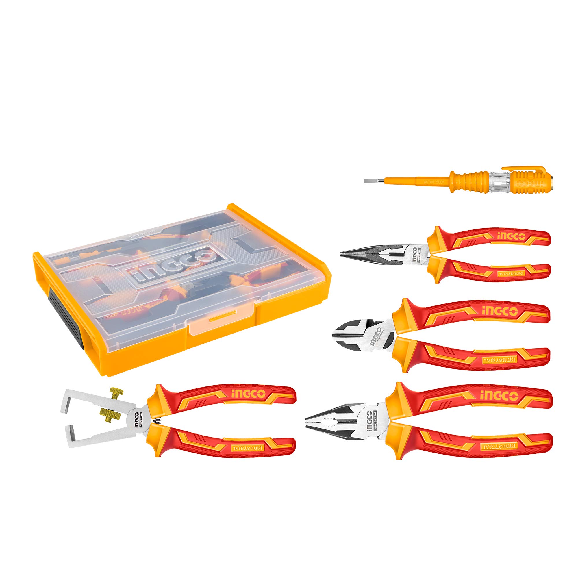 INGCO 5 Pack VDE Insulated Pliers 1000V 7" Combination Pliers 6" Diagonal Cutting Pliers 6" Wire Stripper 1 Test Pencil HKTV01P051