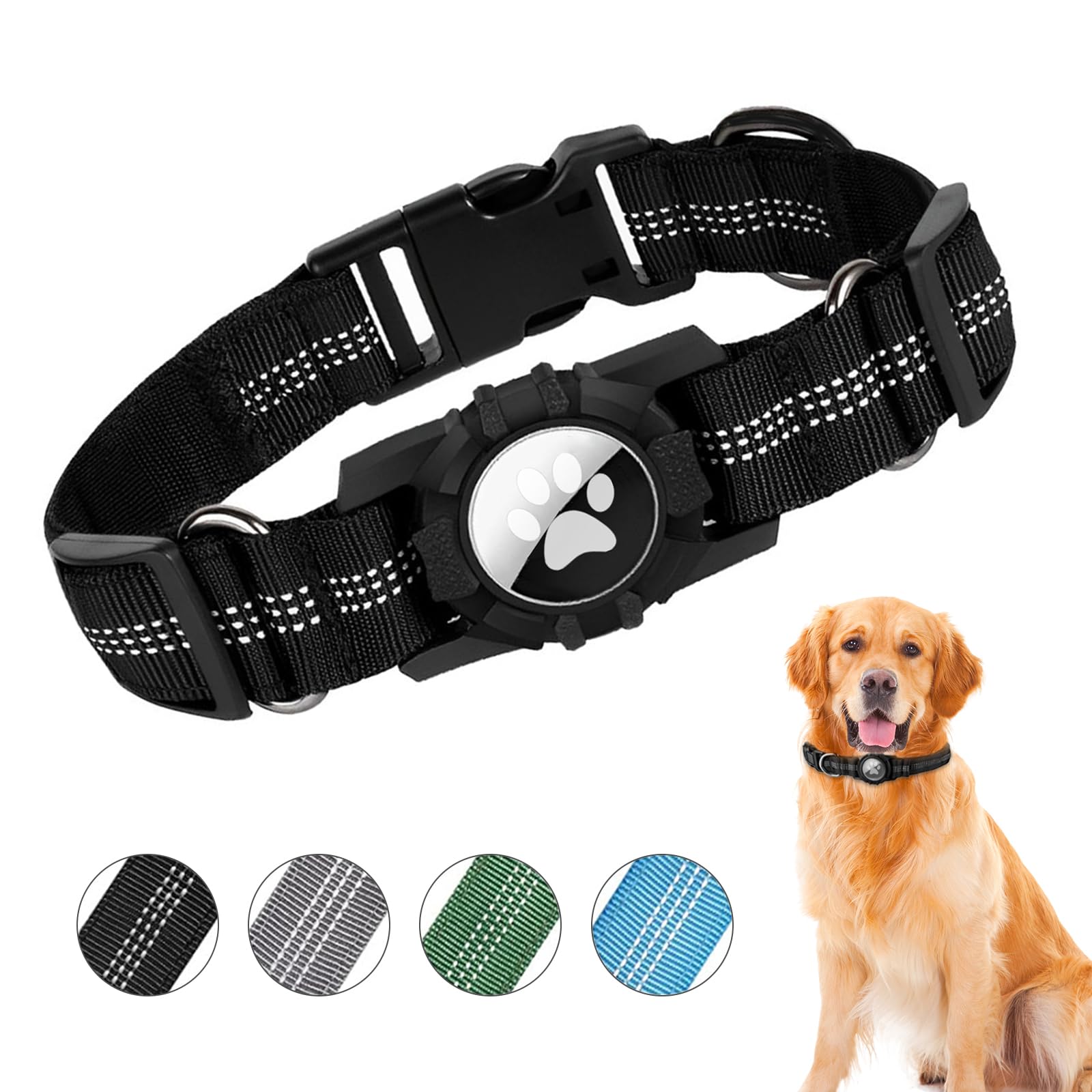 Ledeak Airtag Dog Collar, Nylon Dog Collar for AirTag Tracker, Reflective Dog Collar with Airtag Holder, Adjustable Puppy Collars, Anti-Lost Dog Collar for Small Medium Large Dogs (Black, L)