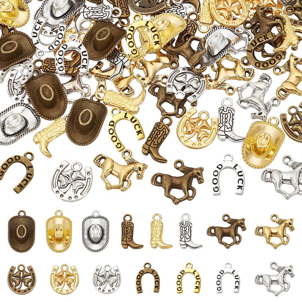 FINGERINSPIRE 90Pcs Western Cowboy Charms Pendants 5 Styles 3 Colors Alloy Cowboy Horse Theme Charms Tibetan Style Horses Boots Hats Horseshoes Pendant for Jewelry Making Bracelet Necklace Key Chain
