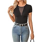 RoseSeek Women's Rhinestone Sheer Mesh Crewneck T Shirts Short Sleeve Slim Fit Tee Tops