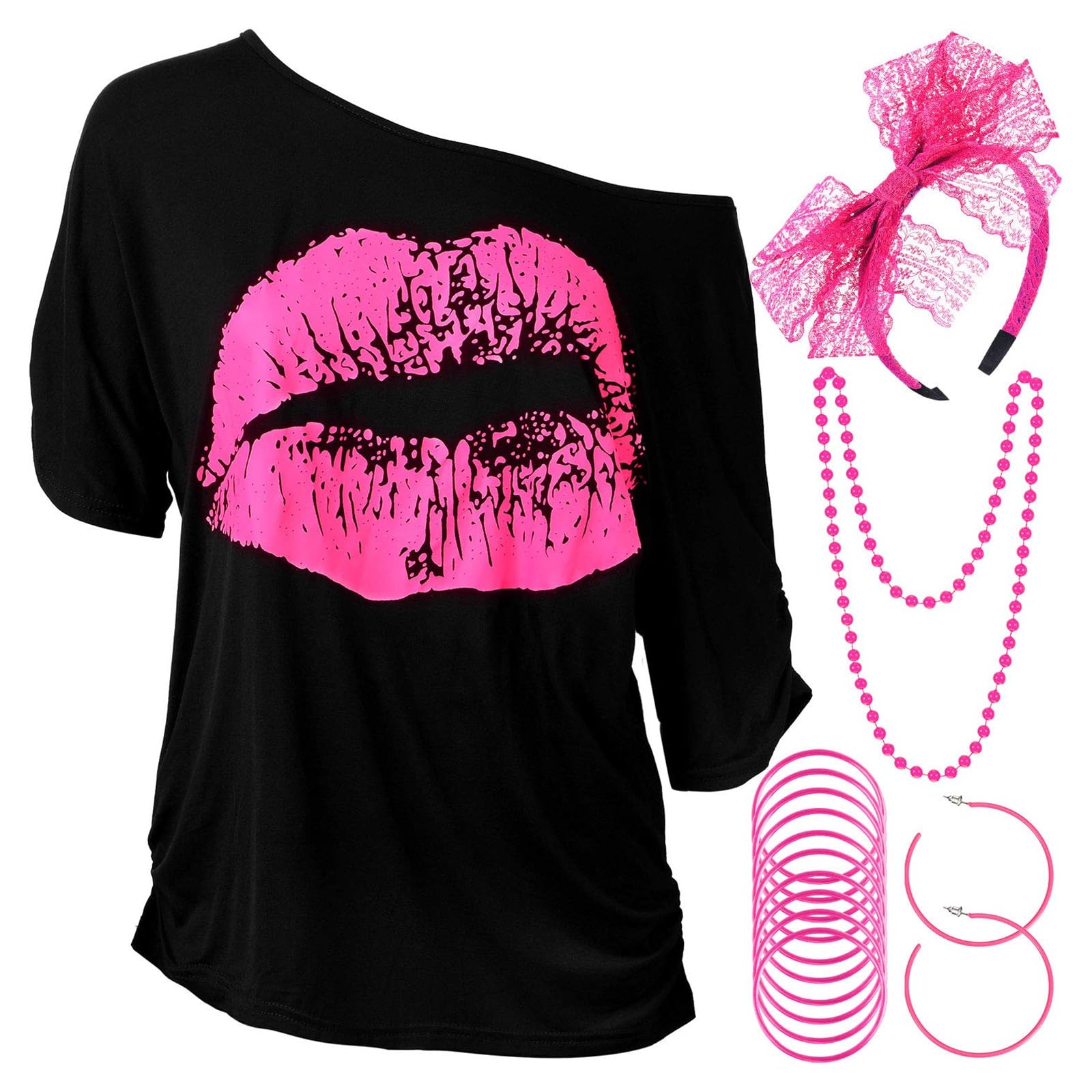 Halloween 80s Outfits Costume Accessories for Women Lips Print T Shirt Lace Headband Earrings Necklace Bracelet