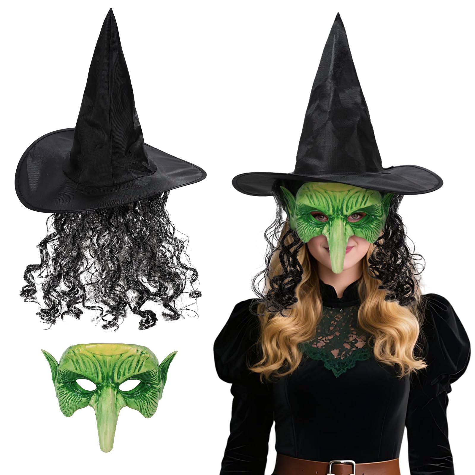 Scary Witch Mask with Hat Realistic Green Goblin Mask for Women Horror Fancy Dress Costume for Masquerade Party Cosplay World Book Day