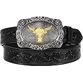 UpFind Women Men Western Belts Engraved Leather Cowgirl Cowboy Belt with Silver Longhorn Bull Buckle for Jeans Dresses