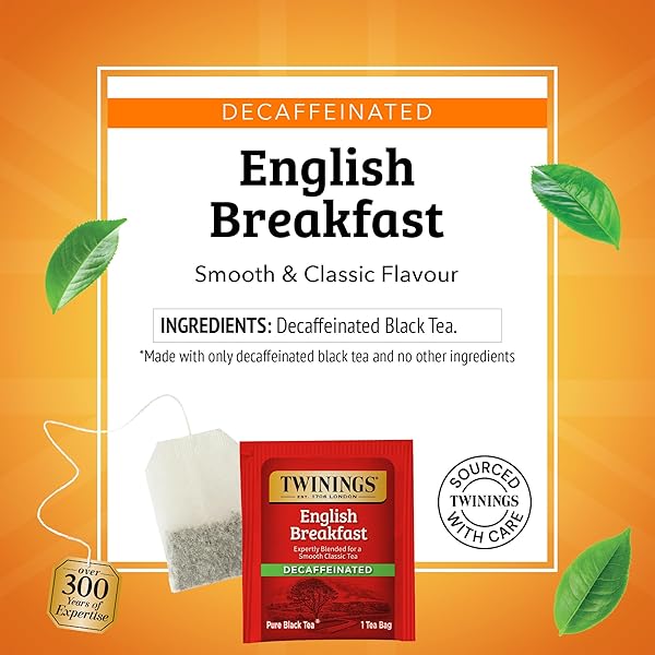 TWININGS DECAFFEINATED ENGLISH BREAKFAST BLACK TEA INDIVIDUALLY WRAPPED BAGS, 100 COUNT (PACK OF 1), SMOOTH, FLAVOURFUL BLACK TEA, ENJOY HOT OR ICED, 100 TEABAGS