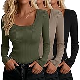 Ficerd 3 Pack Women Long Sleeve Ribbed Tops Scoop Neck T-Shirts Thermal Undershirts Casual Slim Fitted Basic Layer Tees