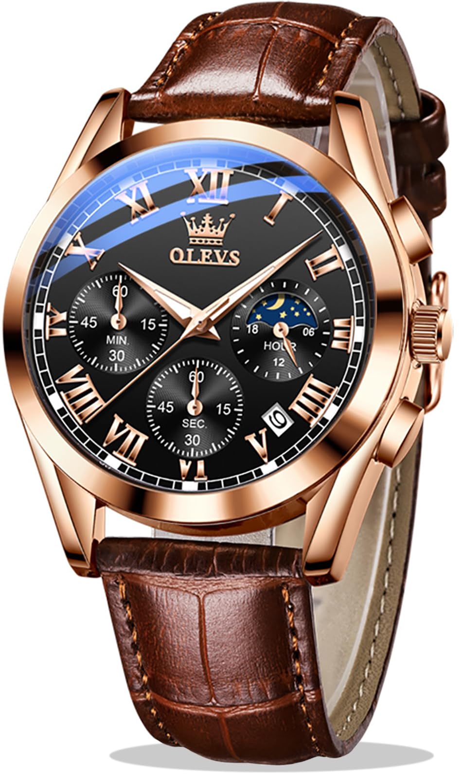 OLEVS Men's Leather Analog Quartz Watch - Luxury Chronograph Wristwatch With Date, Waterproof, Luminous - Dress Style