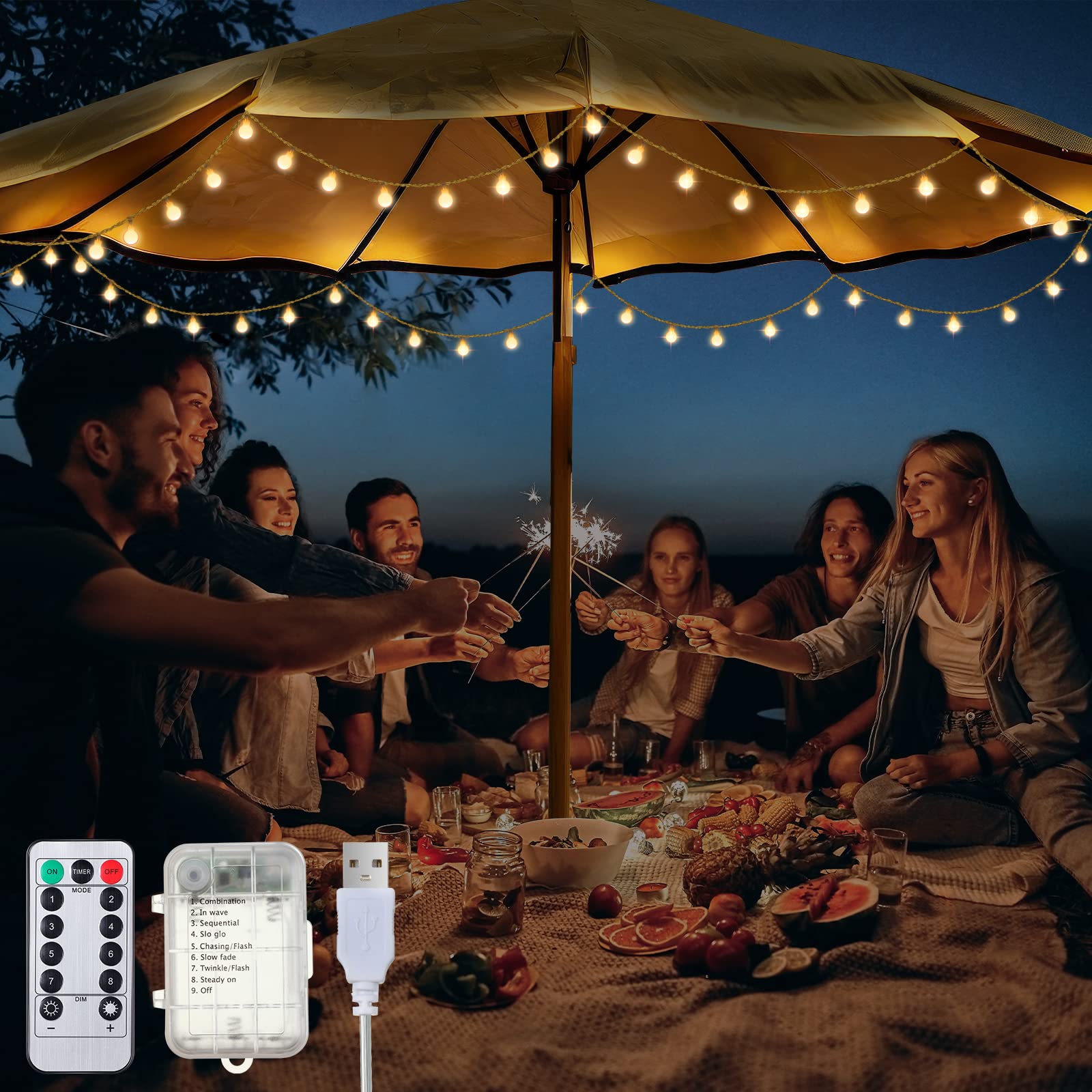 Photo 1 of 32 Feet Patio Umbrella Lights, 8 Lighting Modes LED String Lights with 64 Pcs Shatterproof Globe, Remote Control Battery & USB Powered, Waterproof Hanging Light Decorate for Patio(Warm White)