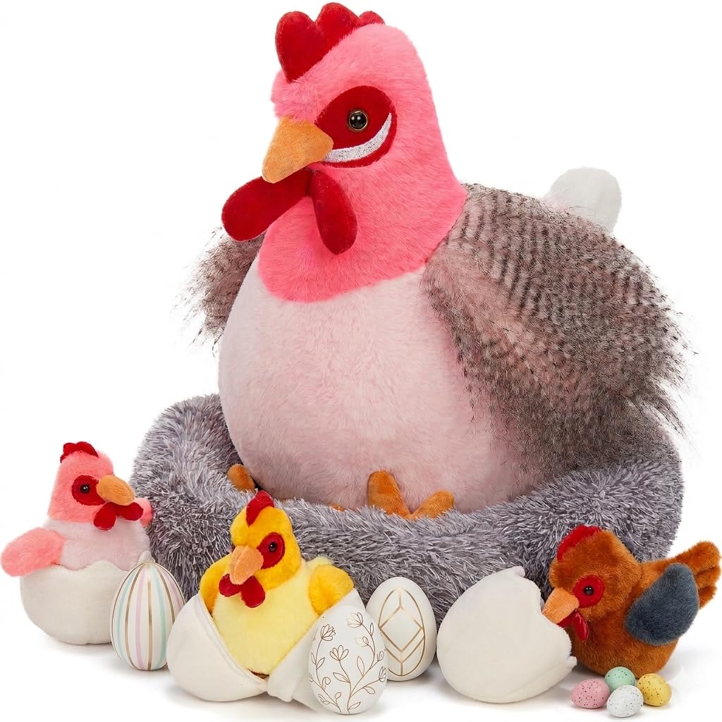 MaoGoLan 8Pcs Chicken Stuffed Animals, Stuffed Laying Hen Chicken Plush Toys with 3 Babies Chickens and 3 Eggs,1 Nest House Plush Set, Cute and Soft Farm Stuffed Animals Gift for Kids,Girls,Boys,Pink