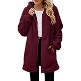 ReachMe Womens Fleece Zip Up Jacket with Pockets Oversized Long Sherpa Hoodie Fuzzy Jackets Warm Teddy Coat