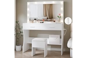 Haewon White Vanity Desk with Led Lights, Charging Station and Storage Chair, Makeup Vanity Table Set with Large Mirror and Lights, 2 Drawers, Bedroom