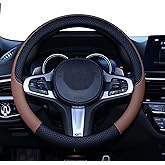 SHIAWASENA Car Steering Wheel Cover, Leather, Universal 15 Inch Fit, Anti-Slip & Odor-Free (Black&Brown)