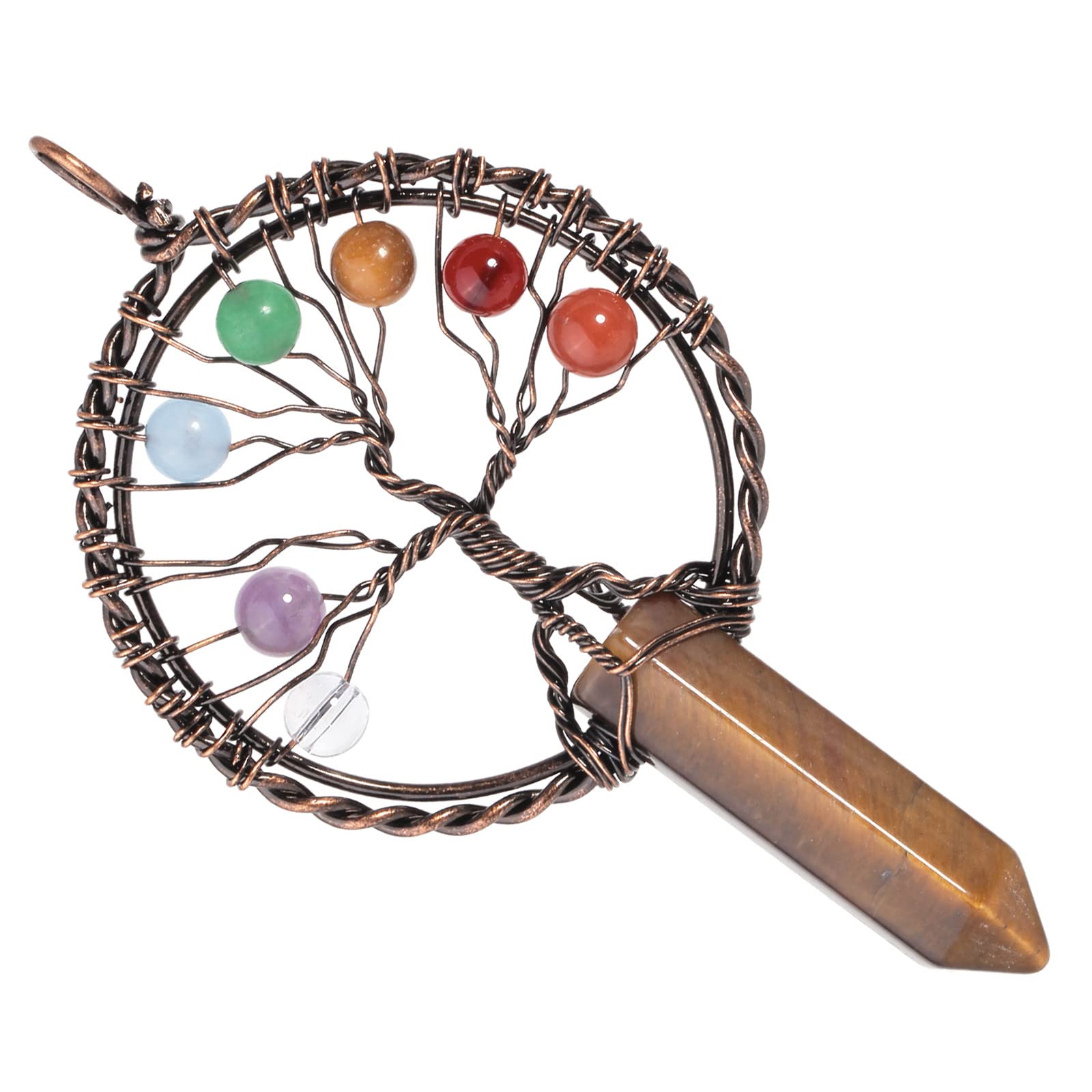 mookaitedecor 7 Chakra Tree of Life Necklace Tigers Eye Crystal Necklace for Women, Brown Healing Crystal Necklace Semi Precious Stone Pendant Necklace Boho Crystal Gemstone Necklace Jewellery Gift