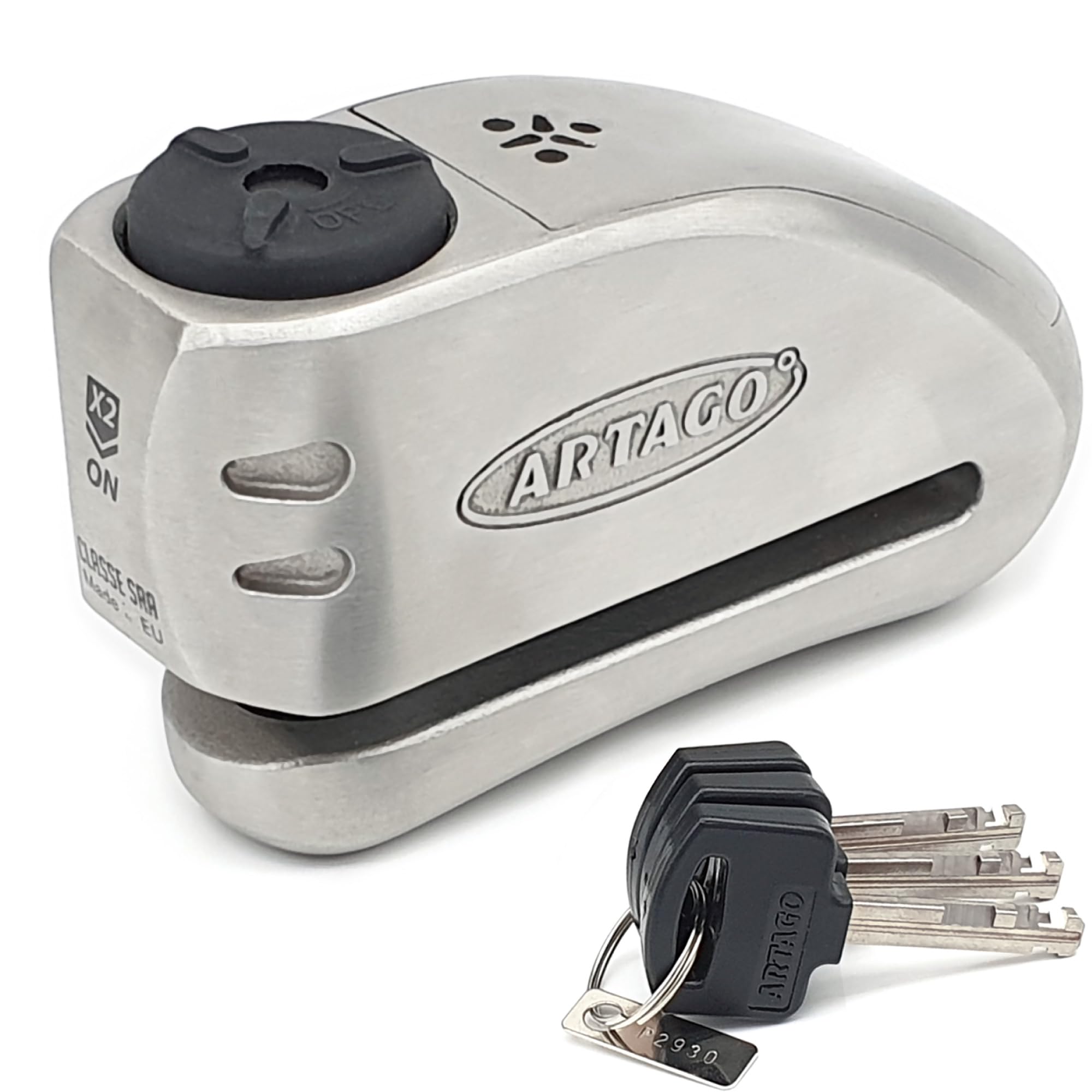 ARTAGO 32 State-of-the-art Motorcycle Disc Lock 2in1 | Smart Alarm, 120dB, Don't Touch Warning | Exclusive SAA Triple Locking, SRA & Sold Secure Gold Approved, Stainless Steel, Brake Anti-Theft Device
