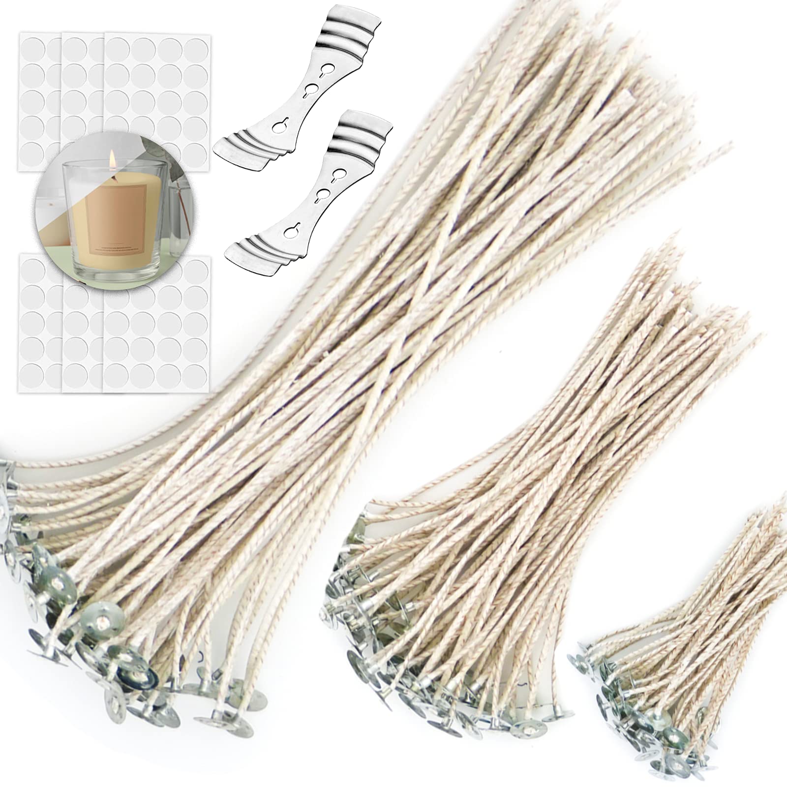 KOOLPUG 120 Pieces Organic Cotton Candle Wicks Pre-Waxed Candle Wicks with 2 Wick Holders, Vegan Friendly, Perfect for Candle Making (10cm, 15cm, 20cm) — image 1