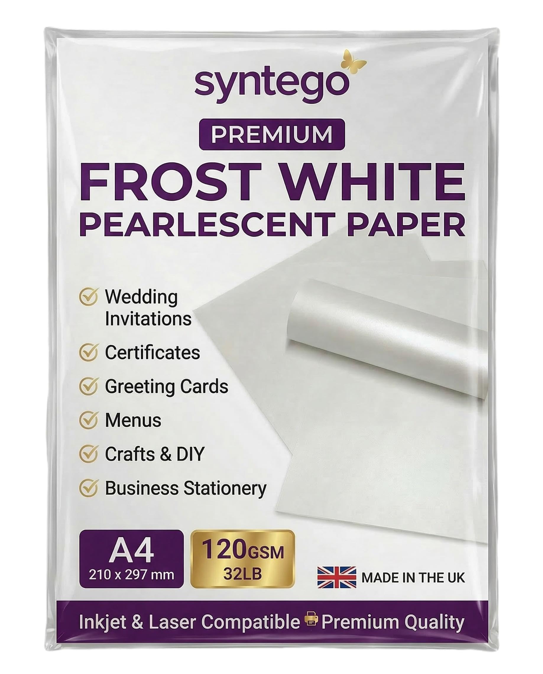 Premium Pearlescent Paper A4 (8.27 x 11.7”) 120gsm (32lb Bond) – Shimmer Cardstock Sheets for Inkjet & Laser Printers – Ideal for Certificates, Invitations, Menus & Crafts – Made in UK (20, White)