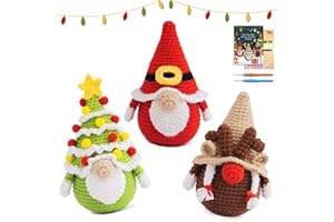 POP COCHE Christmas Crochet Kit for Beginners, Crochet Starter Kits for Adults, Amigurumi Craft Knitting Crochet Animal Kit with Step-by-Step Video Tutorials, 3 Christmas Gnomes (40%+ Yarn)