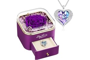 NEWNOVE Preserved Real Purple Rose with Angle Wings Necklace, Forever Flowers Gifts for Mom Grandma Wife Girlfriend at Christmas Valentines, Anniversary Birthday Gifts for Women, I Love You Gifts for Her