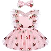 Toddler Baby Girls Strawberry Cherry Birthday Dress with Headband Princess Cake Smash Outfit for Photo Shoot