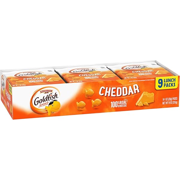 GOLDFISH CHEDDAR CHEESE CRACKERS, BAKED SNACK CRACKERS, 1 OZ ON-THE-GO SNACK PACKS, 9 COUNT TRAY