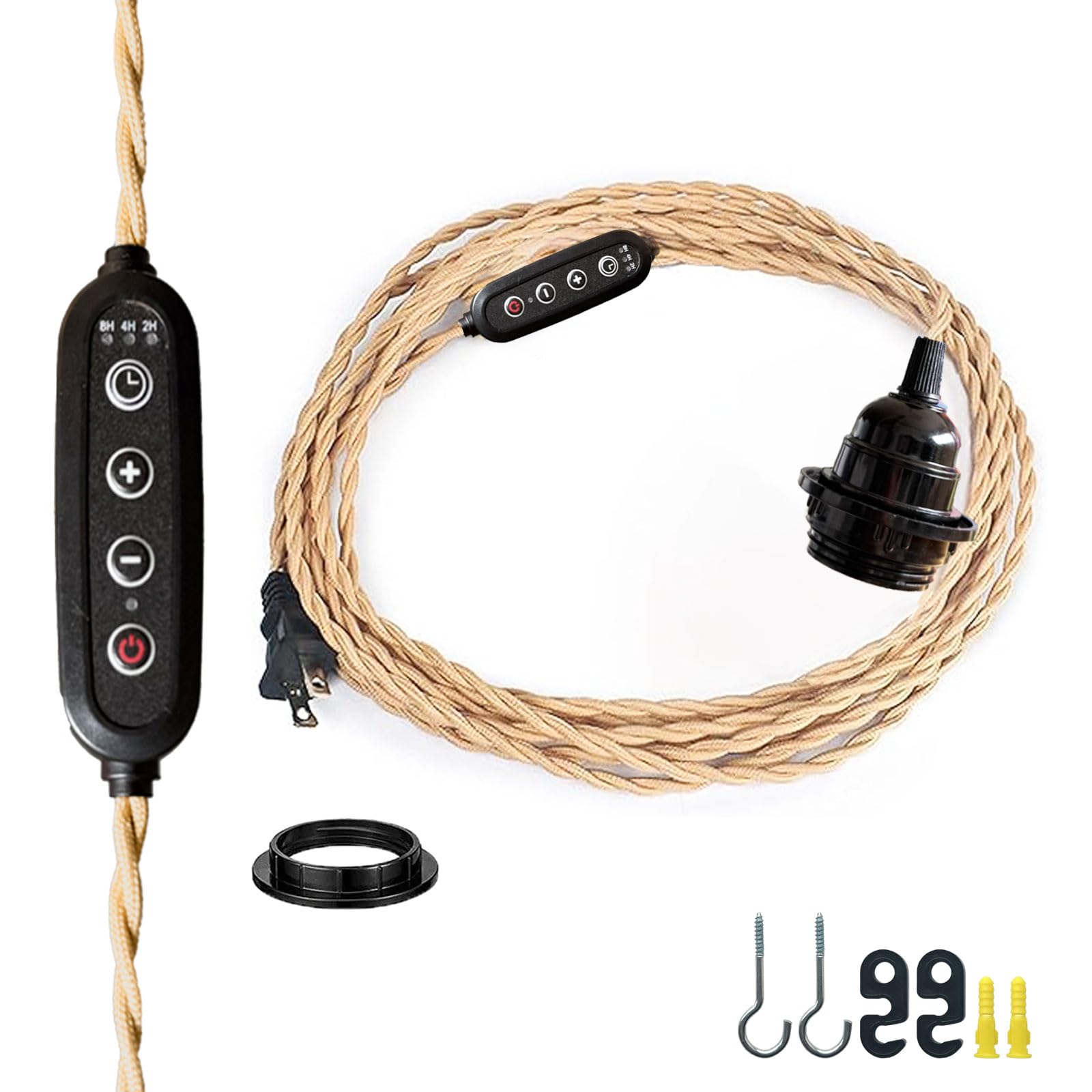 Photo 1 of 14.76ft Timer Control Pendant Light Cord with Plug E26 Socket Retro Industrial Vintage Style Twisted Fabric Rope Hanging Light for Kitchen, Dining Room, Living Room