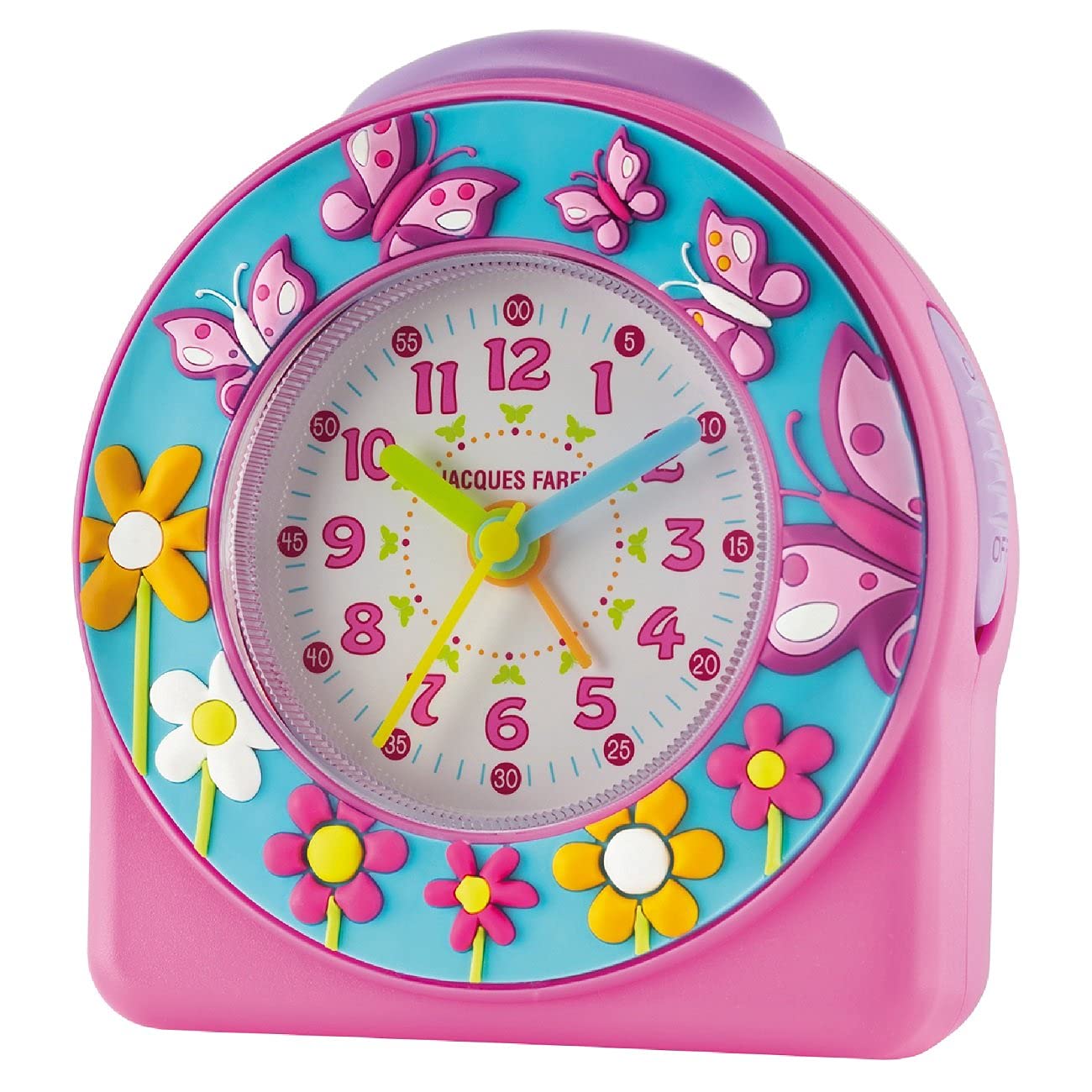 JACQUES FAREL ACW 69 Children's Alarm Clock Learning Alarm Clock Girls 3D Butterflies and Flowers Pink Turquoise Analogue Quartz without Ticking with Light and Snooze Alarm