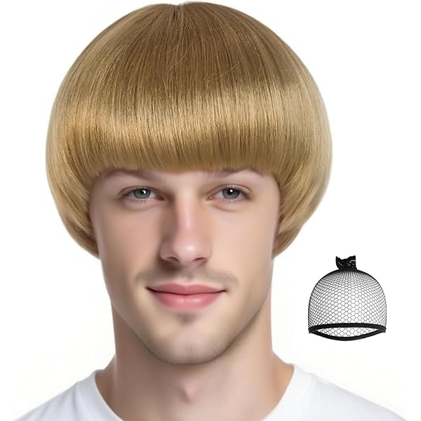 thumbnail image 2 of Short Blonde Bob Wig With Bangs - 60s 70s Mushroom Bowl Cut For Costumes 2 of 12