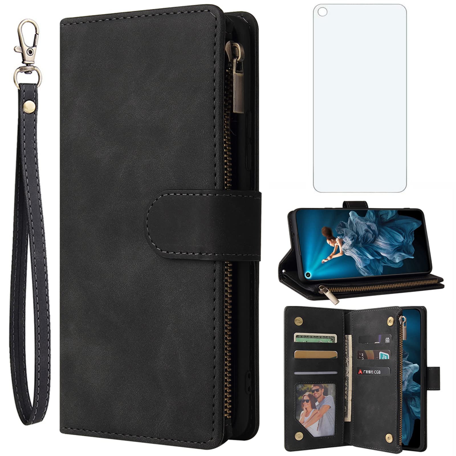 Asuwish Compatible with Huawei Nova 5T / Honor 20 Wallet Case Tempered Glass Screen Protector and Flip Cover Card Holder Stand Cell Phone Cases for Hawaii Hwauei T5 5 T Nova5T honor20 Women Men Black