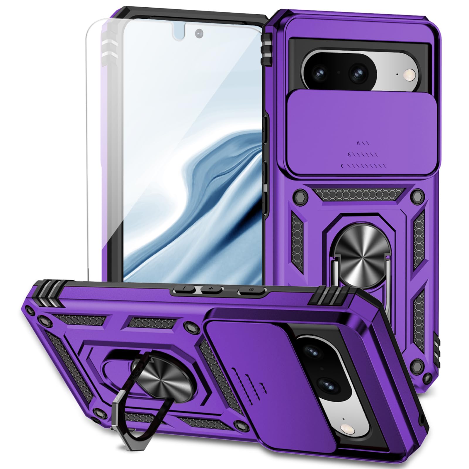 for Google Pixel 8 Case with Slide Camera Cover HD Screen Protector [Military Grade 16ft. Drop Tested] Magnetic Ring Holder Kickstand Protective Phone Case for Google Pixel 8 2023 (6.2 inch), Purple