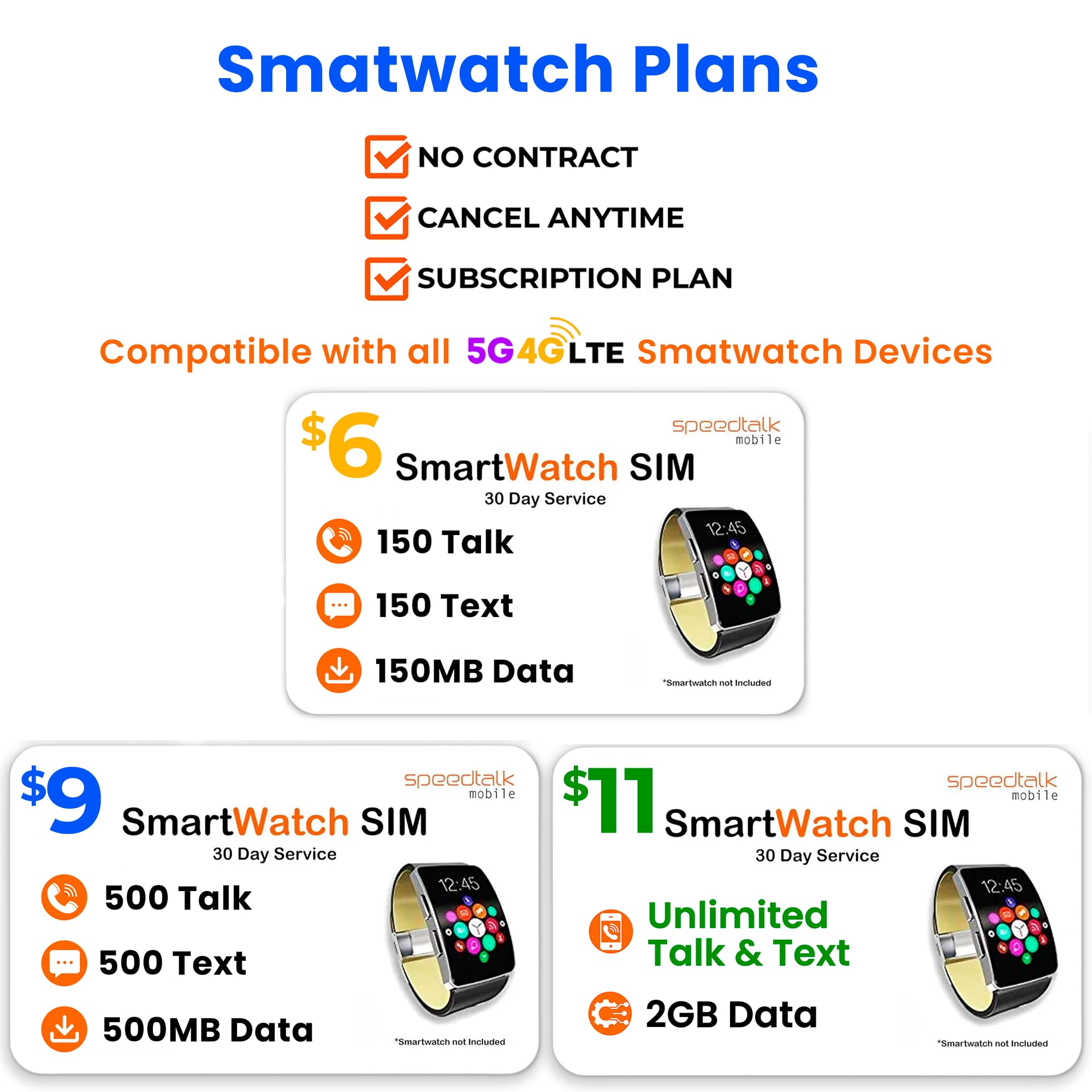 SpeedTalk Mobile $6 SIM Card for Smartwatches | 150 Minutes Talk, 150 Texts, 150MB Data | 30-Day Plan | Compatible with GSM Devices | No Contracts