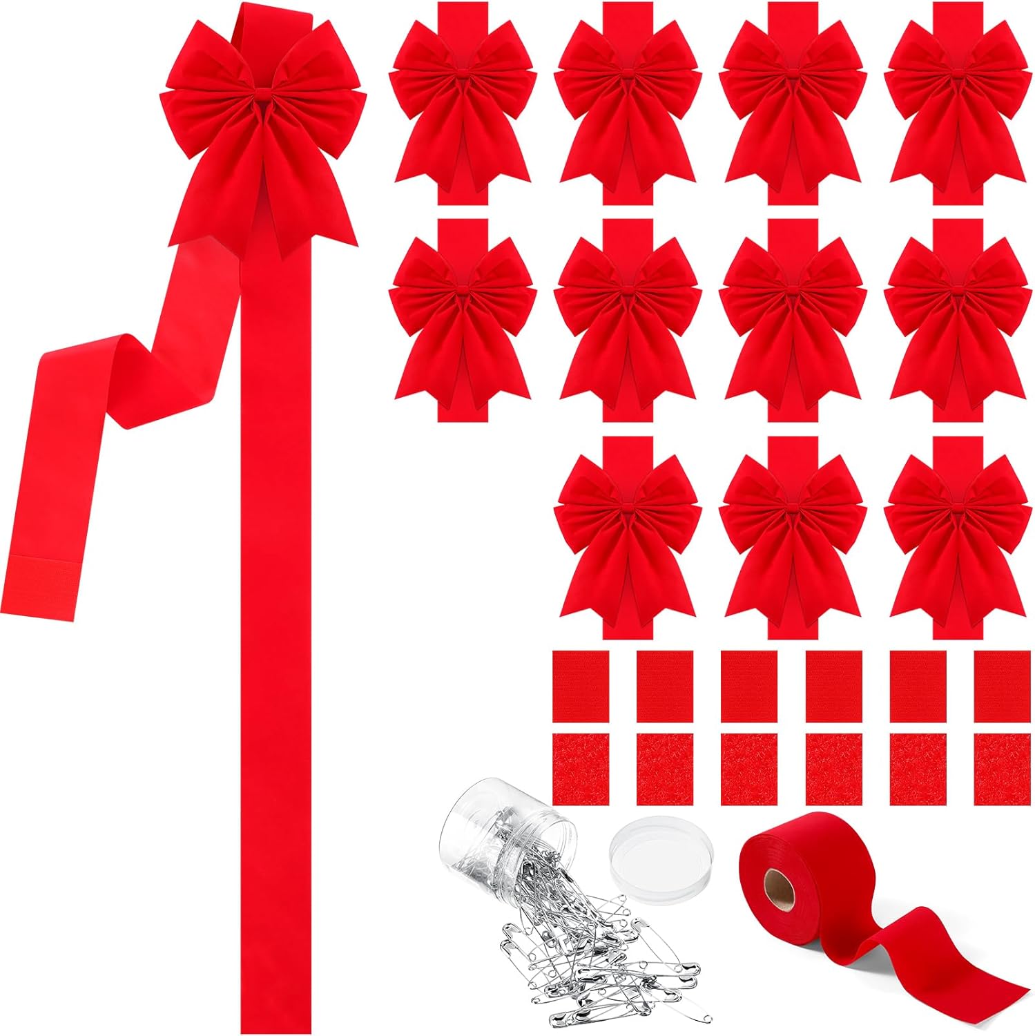 Bows & Ribbons - Syhood 12 Pieces Christmas Cabinet Ribbons Xmas Door Ribbon Cabinet Bows with Large 30m Christmas Red Ribbons for DIY Christmas Festive Party Christmas Tree Decor Dining Kitchen Supplies,Red (Velvet)