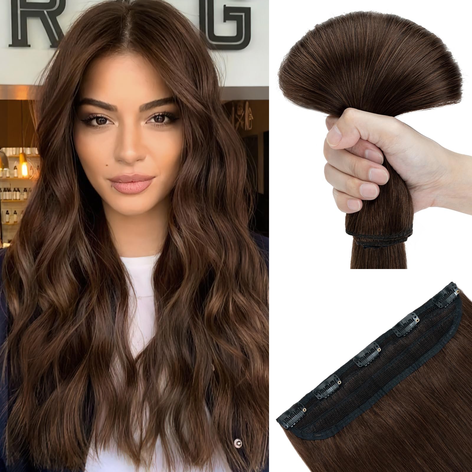 SEGOHAIR Clip in Human Hair Extensions, 16" One Piece 5 Clips Thick Clip in Hair Extension - 3/4 Full Head - Dark Chocolate Brown — image 1
