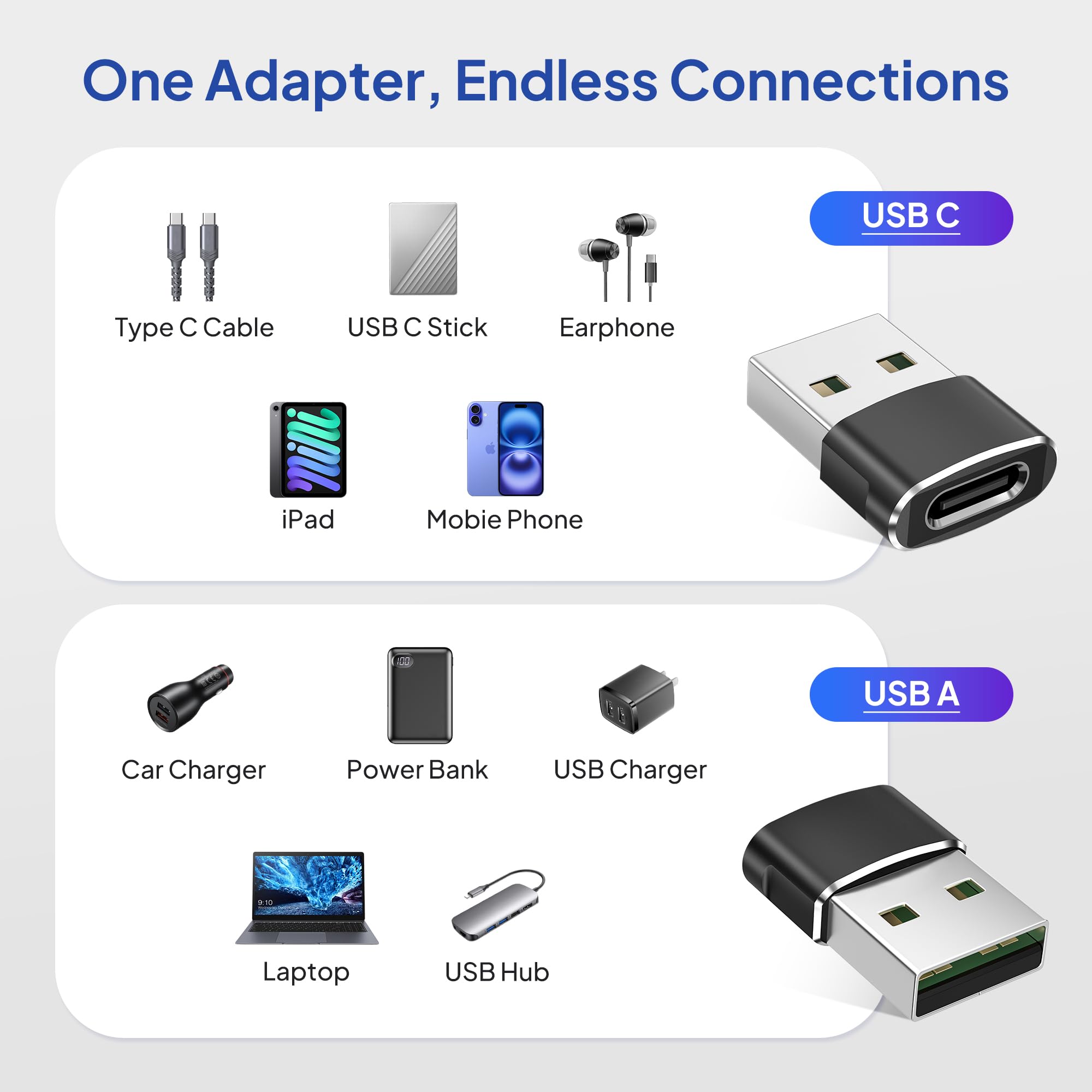 Elebase USB to USB C Adapter for iPhone 17 4Pack,USBC Female to A Male Car Charger,Type C Converter Adaptor Apple 16 Pro Max 15 14 13 12 Plus,iWatch Watch 11 10 Se Ultra 3,iPad Air,Samsung Galaxy S25