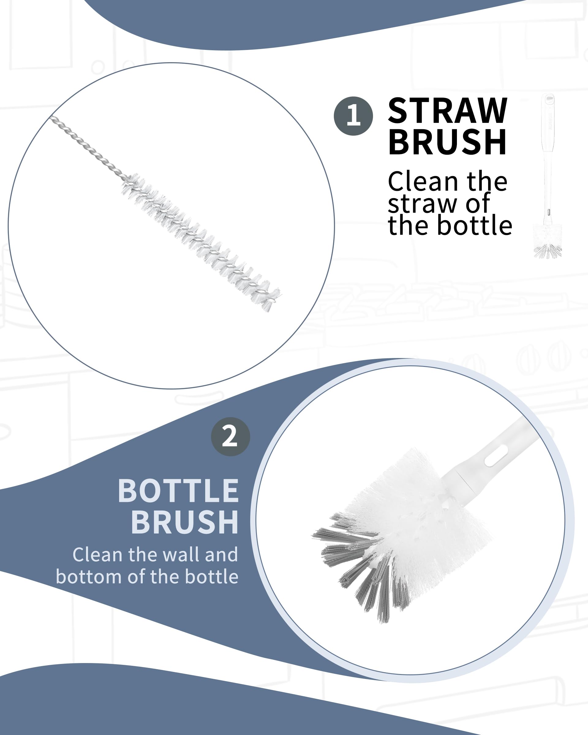 2 in 1 Long Handle Bottle Brush with Straw Brush for Cleaning Glass, Sports Bottle, Coffee Mug,Navy Blue,1 Pack