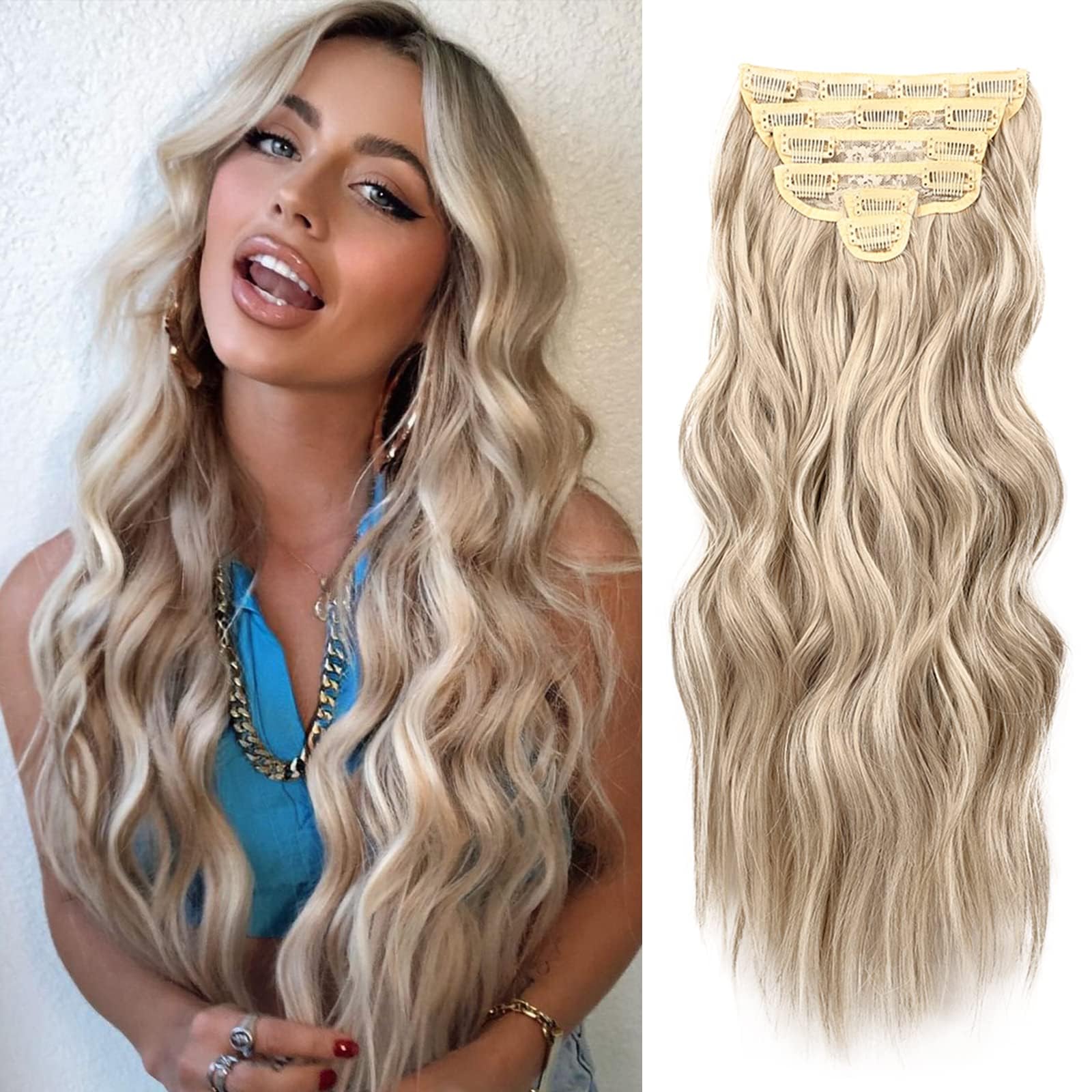 Photo 1 of NAYOO Clip in Hair Extensions for Women 20 Inch Long Wavy Curly Dirty Blonde Hair Extension Synthetic Hair Extension Hairpieces (6PCS, Dirty Blonde)