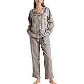 COZYPOIN Womens Gingham Pajama Sets Scalloped Collar Cotton Plaid Button Down Long Sleeve Shirt and Pants Y2K Lounge Set