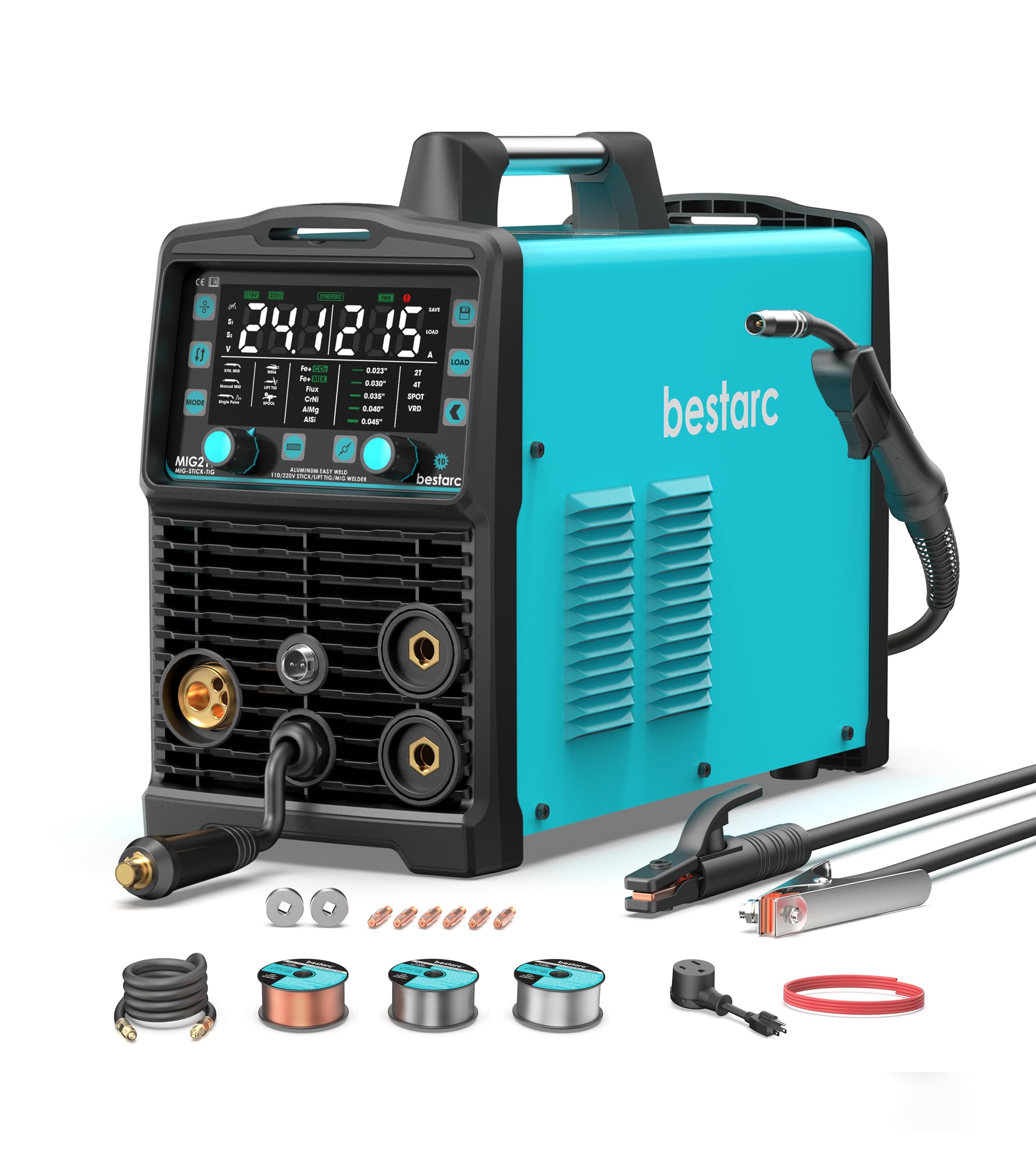 bestarc 215Amp MIG Welder, 110V 220V Gas MIG/Flux Core MIG/Stick/Lift TIG/Spool Gun/Spot Welding 7 IN 1 Aluminum Welding Machine, IGBT Multiprocess bestarc Welder with Synergy, Spool Gun Compatible Image
