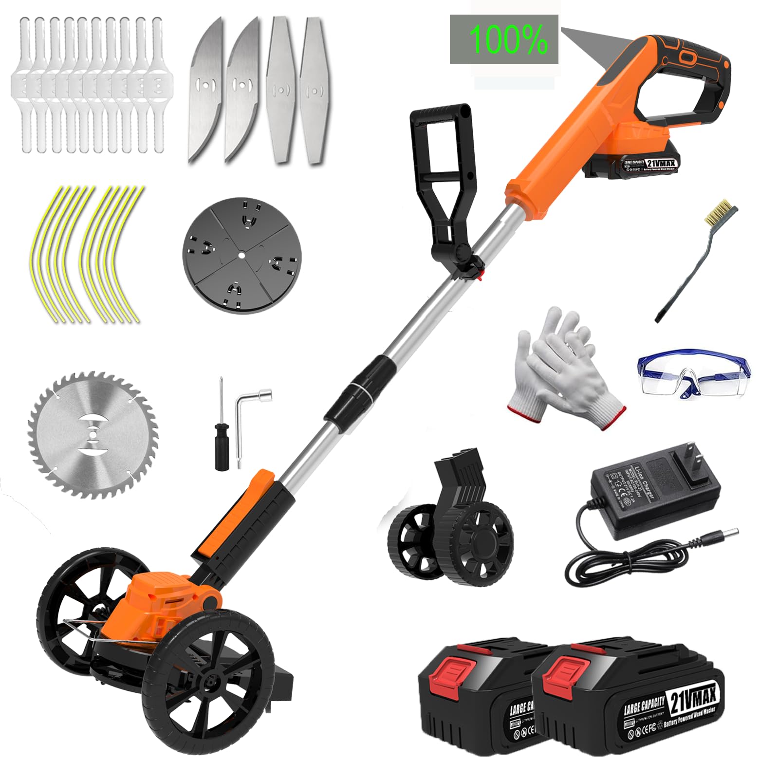 Photo 1 of *MISSING PARTS - See Clerk Notes*
Wacker Battery Powered Electric Cordless Weed Trimmer, with 2Pcs 21V Battery 5 Types Blades Lightweight Grass Trimmer Edger Lawn Tool, Push Wheeled No-String Trimmer for Garden Yard