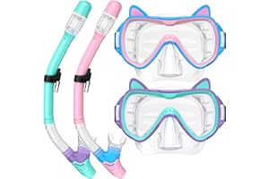 VMKFULER 2025 Cute Kitten Kids Snorkel Set,Pastel Colors, Anti-Fog Tempered Glass Snorkeling Gear for Kids Age 6 and up – Ideal for Birthdays or Graduation Celebrations!