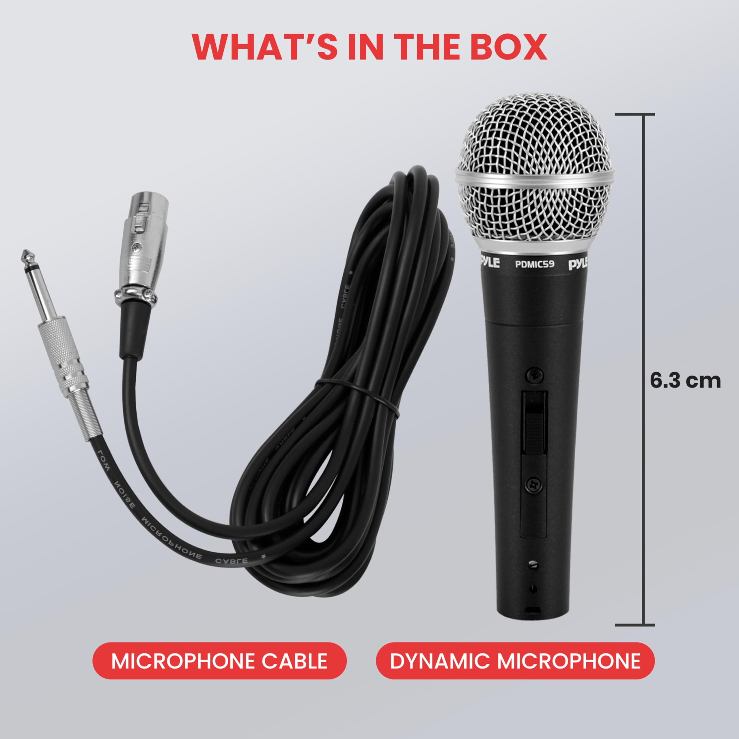 Pyle Professional Dynamic Vocal Microphone - Moving Coil Dynamic Cardioid Unidirectional Handheld Microphone with ON/OFF Switch Includes 15ft XLR Audio Cable to 1/4'' Audio Connection - PDMIC59