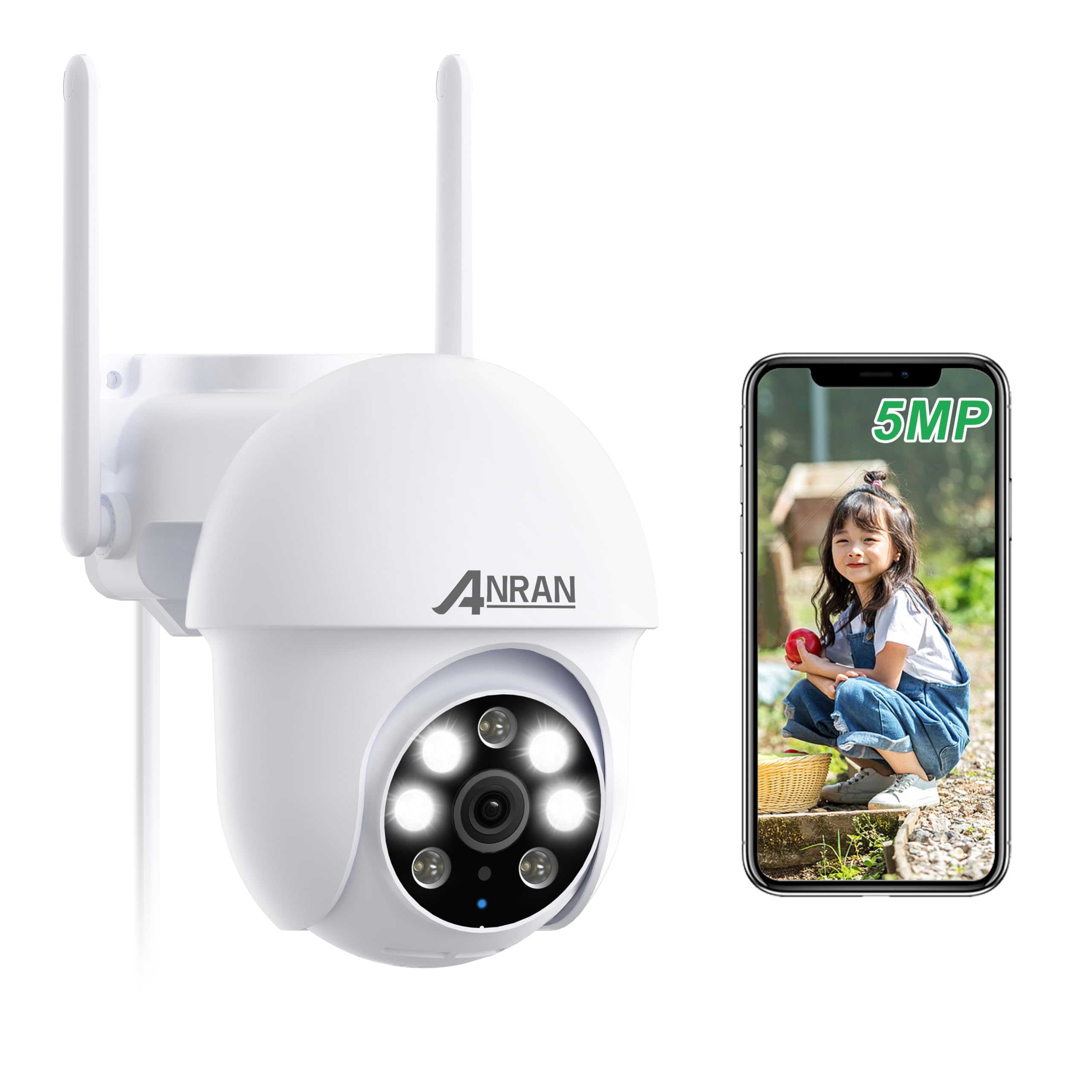 【500万超高画素・自動追尾・24時間常時録画】ANRAN 防犯カメラ 屋外 無線 5MP 監視カメラ 屋外 遠距離暗視 5dBiWiFi強化 可復元自動追尾 防犯カメラ ワイヤレス 屋外 360°広角撮影 動体検知 夜間カラー撮影（4灯搭載） Alexa対応 声光威嚇 双方向通話 家族共有 H.265+動画圧縮技術 SDカード/クラウド録画保存 IP66防水防塵2.4G/5Gwifi対応商品画像