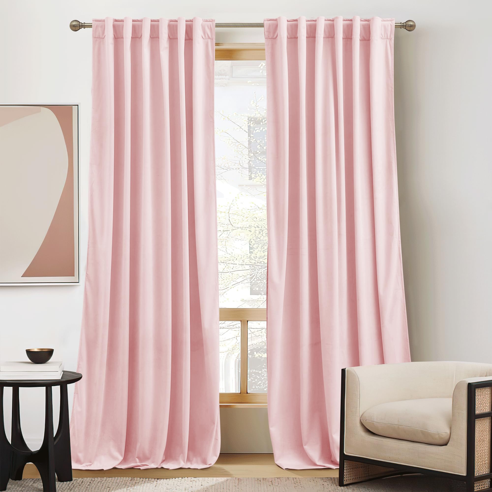 RYB HOME Baby Pink Velvet Curtains 102 inches, Back Tab Soft Fabric Room Darkening Thermal Insulated Luxurious Home Decor Curtains for Living Room Bedroom, W 52" x L 102", 2 Panels Set Image