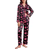 Ekouaer Satin Pajama Set Long Sleeve Button Down Pj Sets Ruffle Silk Valentine Pajamas for Women