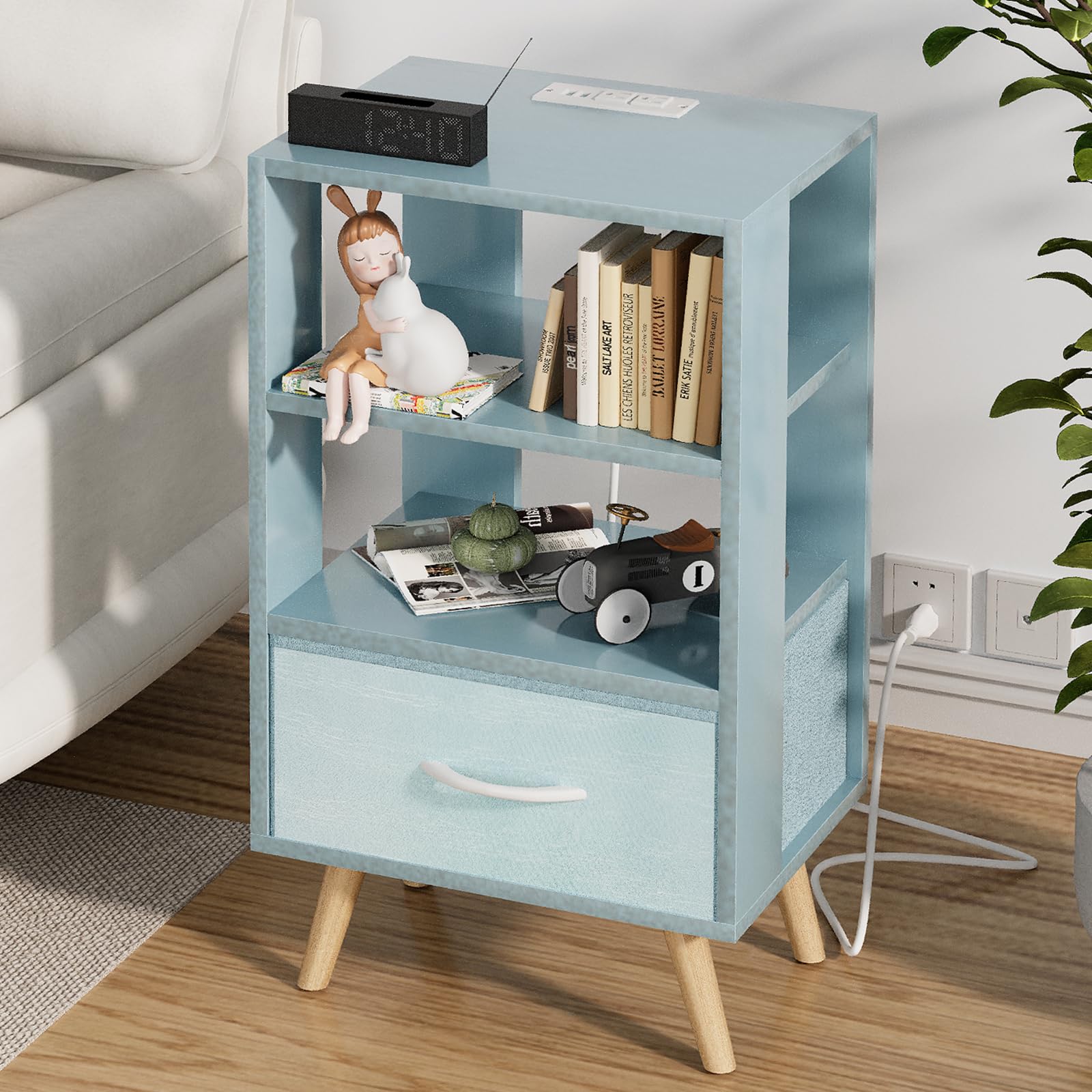 Photo 1 of Aenuert Night Stand with Charging Station, Blue Kids Nightstand with Drawer, 3-Tier Nursery Bedside Table with USB Ports and Outlets, End Table for Small Space, Living Room, Bedroom