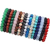 FIRAZIO 16PCS Semi-Precious Gemstone Bracelet - Crystal Stone Beaded Bracelets for Women Men 8mm Round Beaded Stretch Bracelets Unisex Yoga Bracelets Gifts (16Pcs)