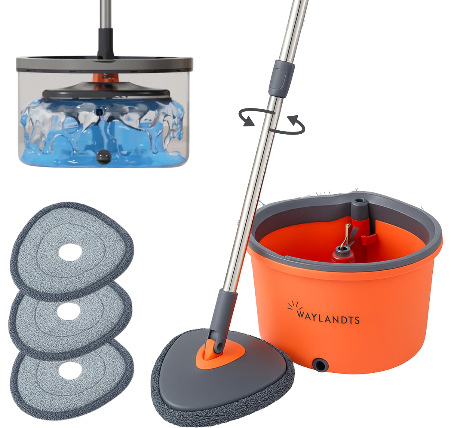 Photo 1 of WAYLANDTS Spin Mop & Tear Drop Bucket Set with 3 Pads - Dual Compartment Design for Clean & Dirty Water, 360° Swivel Mop Head, Built-in Scrubbing Brush, Stainless Steel Handle